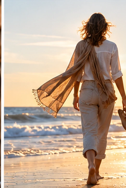 Eine Frau läuft barfuß am Meer und erlebt einen neuen Ort und eine neue Perspektive